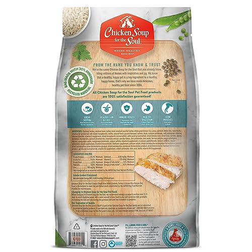 Chicken Soup For The Soul All Natural Enhanced Small Bites Mature-Themed Dry Dog Food, Real Meat First Ingredient, No By-Products, Supports Gut & Immune Health, Chicken, Turkey & Brown Rice, 28Lb