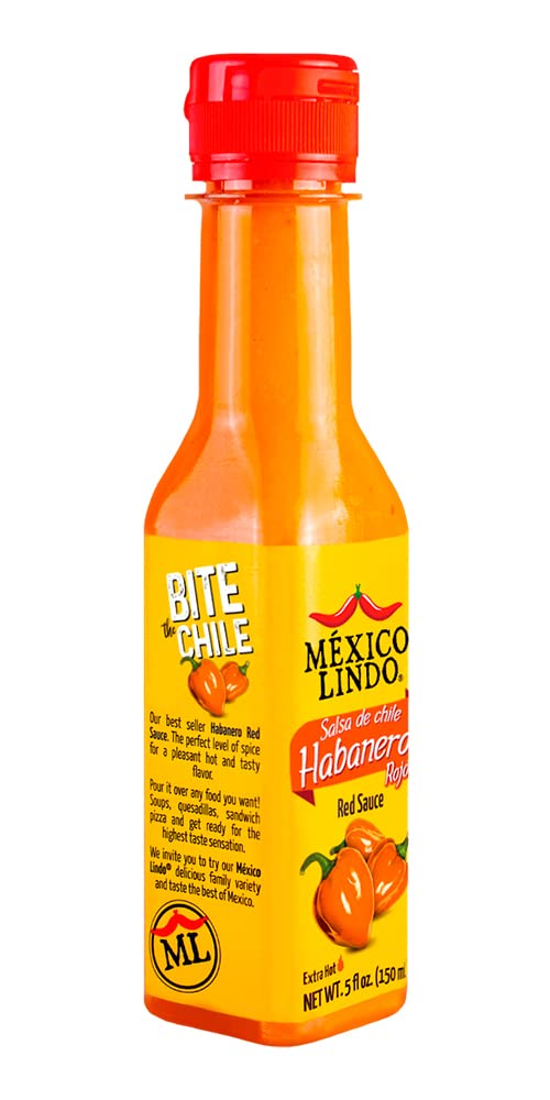 Mexico Lindo Red Habanero Hot Sauce - 5 Fl Oz (Pack of 6) - 78,200 Scoville - Perfect for Mexican Food, Seafood & Pasta
