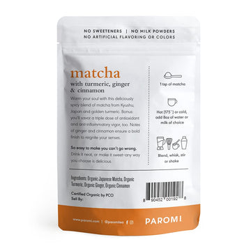 Paromi Tea Matcha With Turmeric, Ginger & Cinnamon 35 Grams, Organic Stone-Ground Organic Green Tea, Serve Hot Or Iced, Blend, W