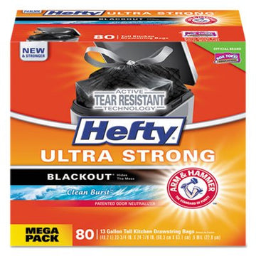 Hefty Blackout Tall-Kitchen Drawstring Bags, 13Gal, 09Mil, Black, Clean Burst, 80Box