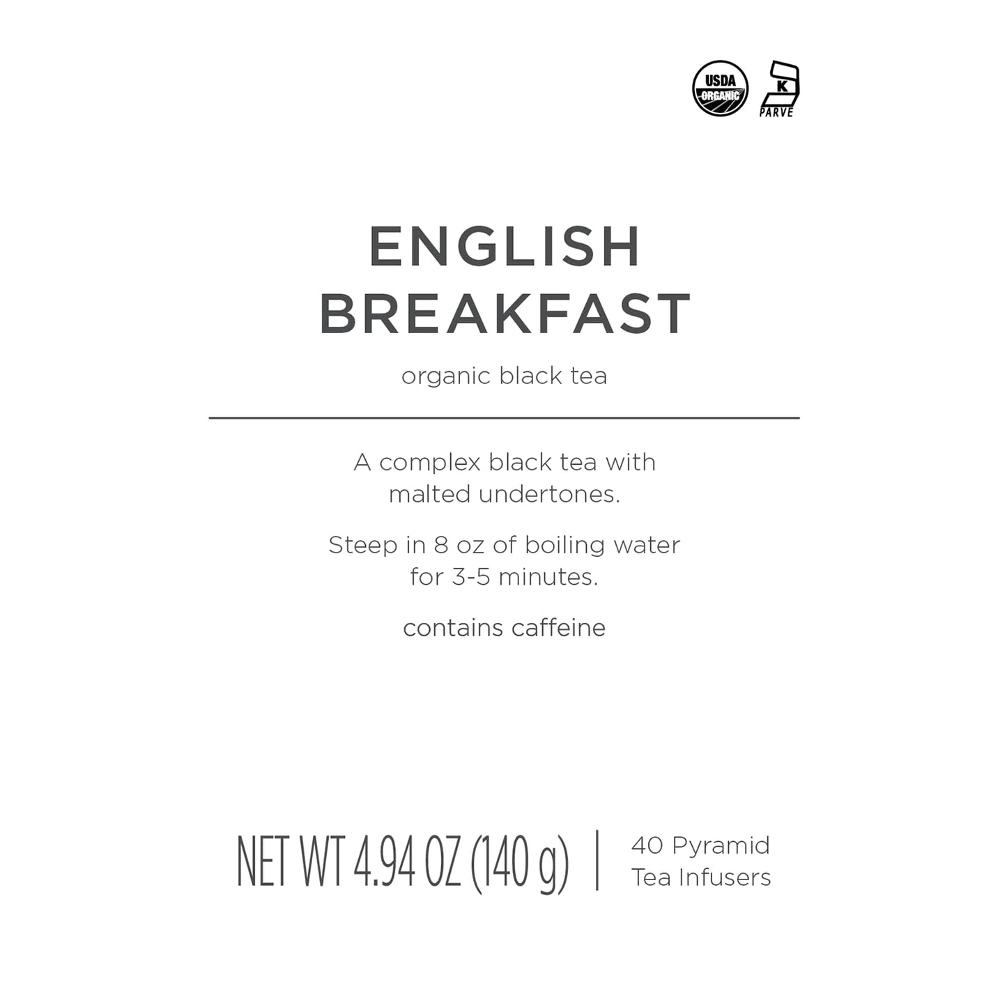 Tea Forte English Breakfast Premium Organic Caffeinated Black Tea Blend Bulk Pack, 40 Count Individually Wrapped Handcrafted Pyramid Infuser Tea Bags