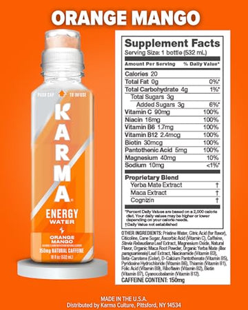 Karma Energy Drink - 12 Pack Orange Mango Caffeinated Water with Cognizin Nootropics Vitamins & Immune Support Low Calorie