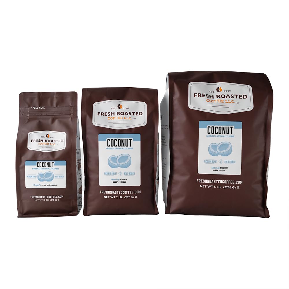 Fresh Roasted Coffee, Coconut Flavored Coffee, 5 Lb (80 Oz), Medium Roast, Kosher, Whole Bean