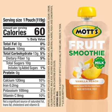 Motts Fruit Smoothies Vanilla Peach, 4.2 oz clear pouches, 8 Pack, Made With Milk, Made With Real Fruit, Good Source of Calcium,