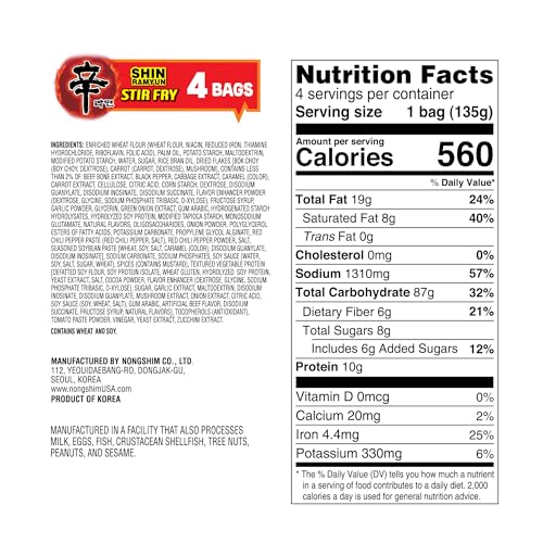 Nongshim Ramen Noodles, Gourmet Instant Ramen, Premium Microwavable Noodle, Shin Stir Fry 4.65 Ounce (Pack Of 4)