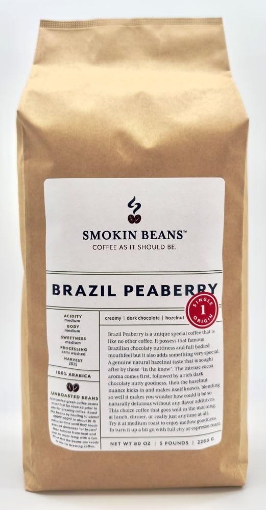 Smokin Beans 5-Pound Brazil Peaberry Unroasted Green Arabica Coffee Beans, Fresh Current Crop, 80 Ounce