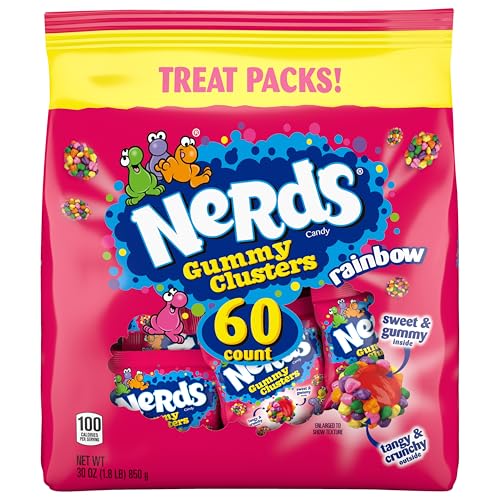 NERDS Gummy Clusters, Candy Treat Packs, Rainbow, Crunchy and Gummy, Halloween Candy Variety Pack Trick-or-Treat Assortment, 30