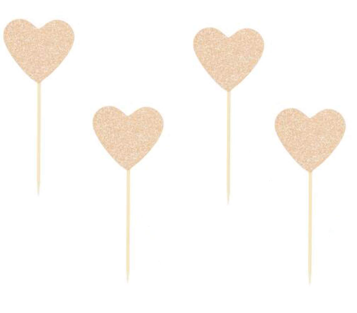 24 Pack Glitter Rose Gold Heart Cupcake Toppers