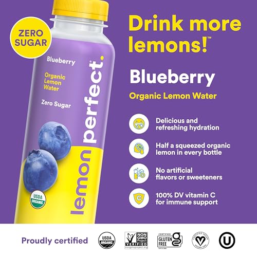 Lemon Perfect Blueberry, Hydrating Flavored Lemon Water, Zero Sugar, Delicious and Refreshing, Organic, 15.2 fl oz Bottle