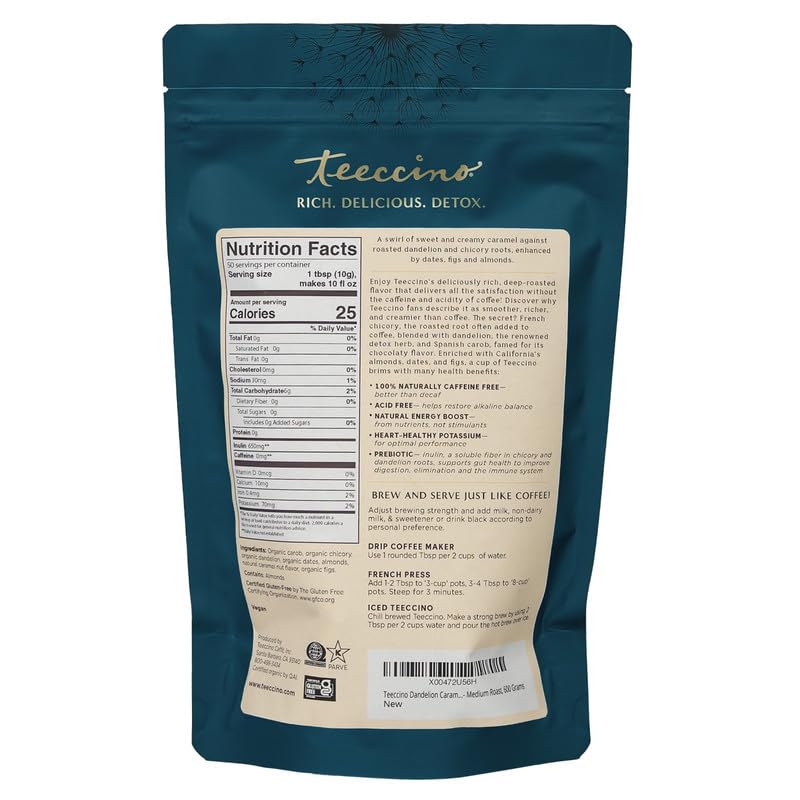 Teeccino Dandelion Caramel Nut Herbal Coffee - Caffeine-Free, Gluten Free, Medium Roast, 1.1 Pound, Coffee Color