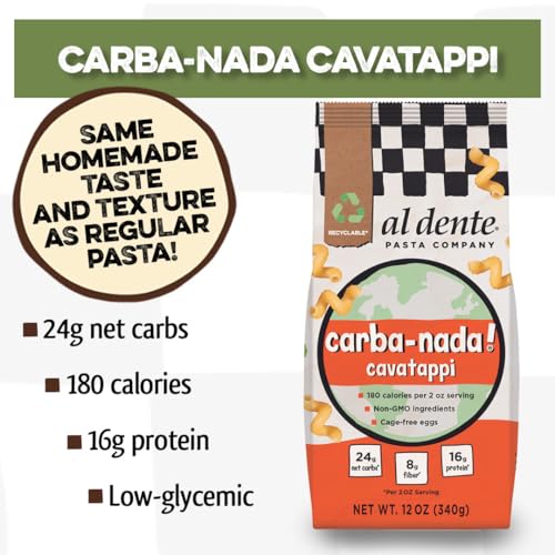 Al Dente Carba-Nada Cavatappi, Reduced-Carb, High Protein Pasta 12 Ounce Bags (Pack Of 8, Total Of 96 Ounces)