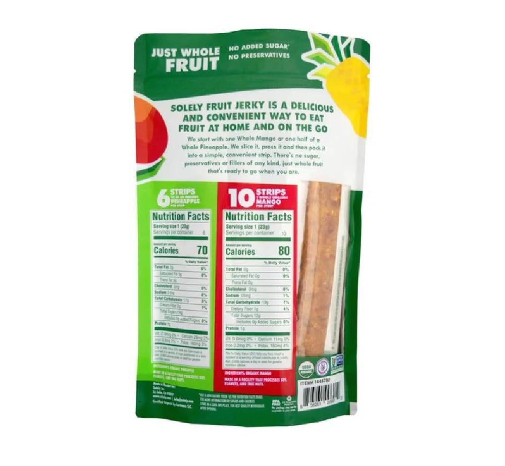Solely Organic Fruit Jerkey 10 Strips Mango 6 Strips Pineapple No Added Sugar No Preservatives Low Callories (Total 16 Strips)