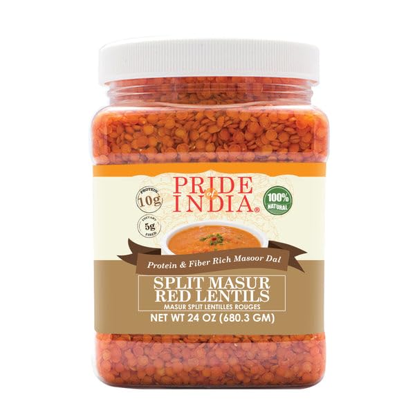 Pride Of India - Pack Of 6 - Indian Split Masur Red Lentils - Protein & Fiber Rich Masoor Dal, 1.5 Pound Jar