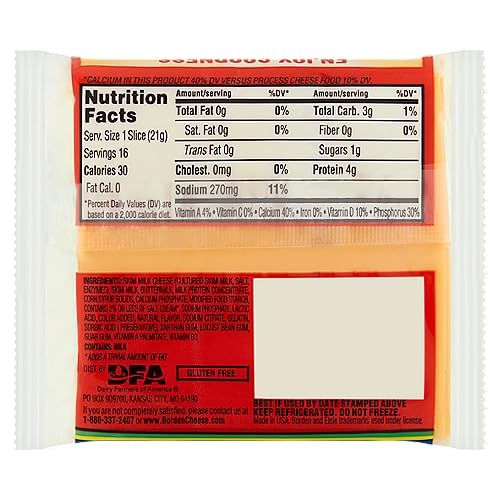 Borden Fat Free Singles Cheese, 3/4 oz, 16 Slices - Pack of 4, Ideal for Healthy Snacking