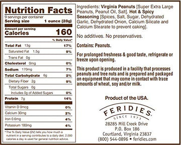 Feridies Hot Peanuts Spicy (9Oz Pack Of 1) Hot Chile Peanuts Extra-Large Virginia Type Peanuts, All Natural Pepper Based Spices, Low In Carbohydrates, Cholesterol-Friendly, Flaming Hot Peanuts