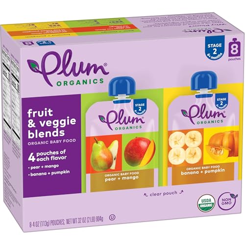 Plum Organics Variety Pack 6+Months - Pear + Mango & Banana + Pumpkin - Organic Fruit And Veggie Baby Food Pouches - 4 Oz Pouch (Pack Of 8)
