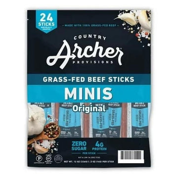 Archer Provisions Grass-Fed Mini Beef Sticks, 24 Sticks Per Bag, 4g Protein Per Stick, 12 Ounces Each Bag (24 Pack, Original)