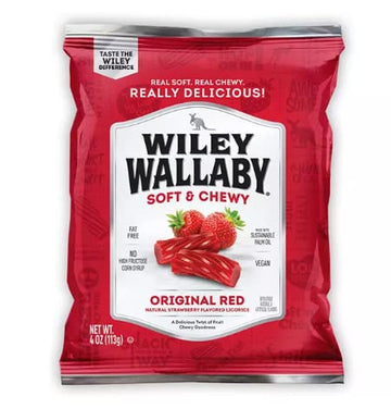 Wiley Wallaby, Classic Red Licorice Candy, Natural Strawberry Flavored Licorice, Vegan, Fat Free, No High Fructose Corn Syrup