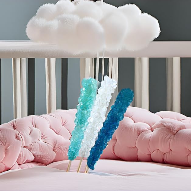 SweetGlob Classic Rock Candy Sticks, Sugar Crystal Lollipops, 18 Count, Frozen Ice Blue & White, Individually Wrapped