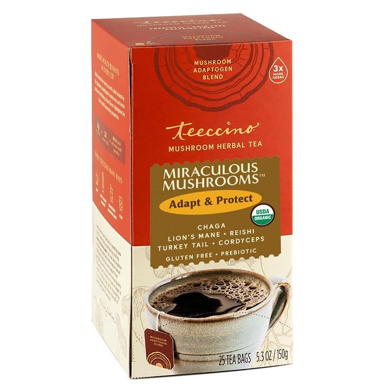 Teeccino Miraculous Mushrooms Adapt & Protect Herbal Tea By Teeccino 25 Tea Bags - Five Organic Adaptogenic Mushrooms With Chicory & Cacao 3X More Herbs Than Regular Tea Bags Energy Blend Free Prebiotic