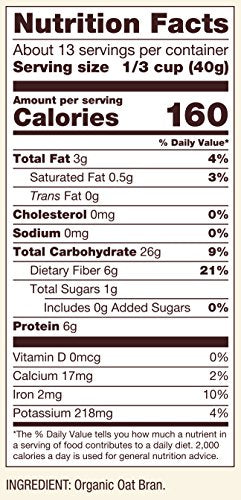 Bob's Red Mill Oat Bran Hot Cereal, Organic, High Fiber 18 oz.