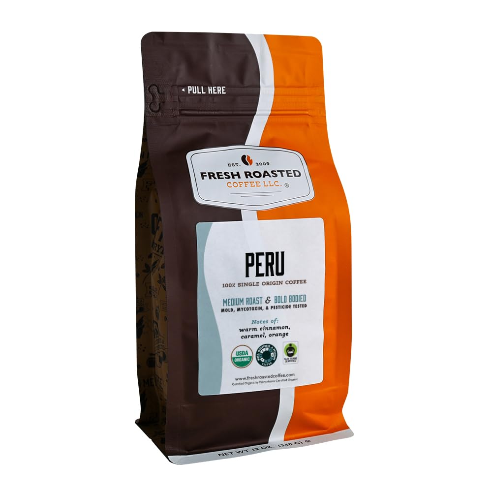 Fresh Roasted Coffee Usda Organic Peru | 3Rd Party Tested For Pesticides Mold Mycotoxins Kosher | 100% Arabica Specialty Grade Med Roast 12 Oz Whole Bean