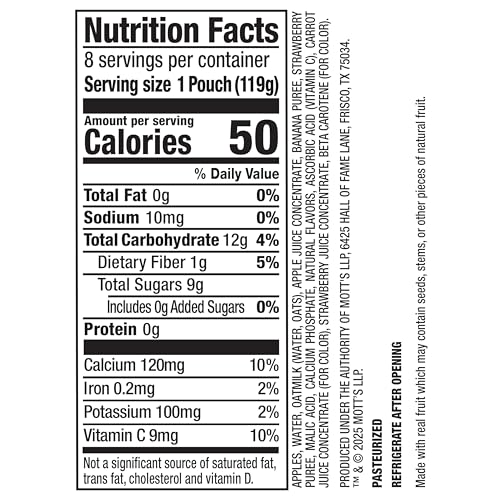 Motts Fruit Smoothies Strawberry Banana, 4.2 oz clear pouches, 8 Pack, Non-dairy, Made With Oatmilk, Made With Real Fruit, Good