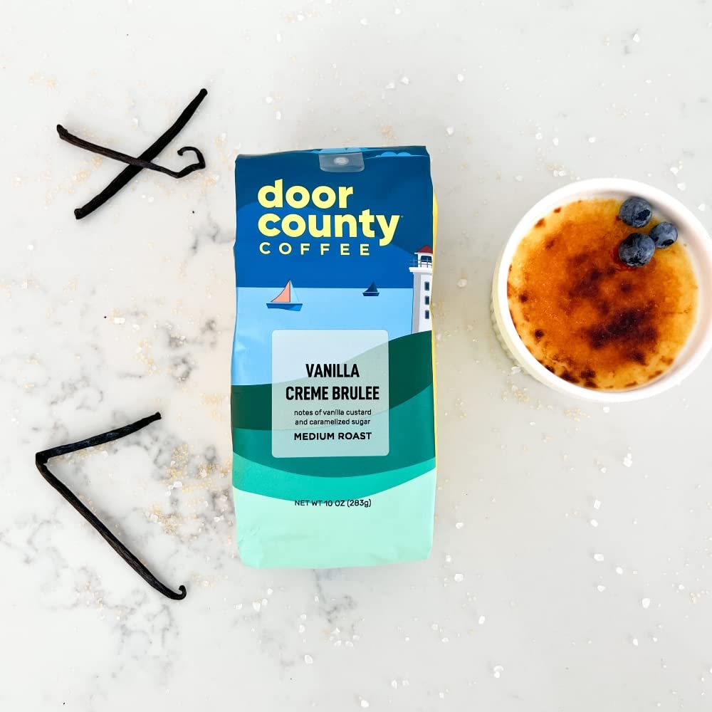 Door County Coffee Vanilla Creme Brulee Decaf Flavored Coffee 10Oz Bag | Ground Coffee Medium Roast | 100% Arabica Coffee | Vanilla Creme Brulee Decaf