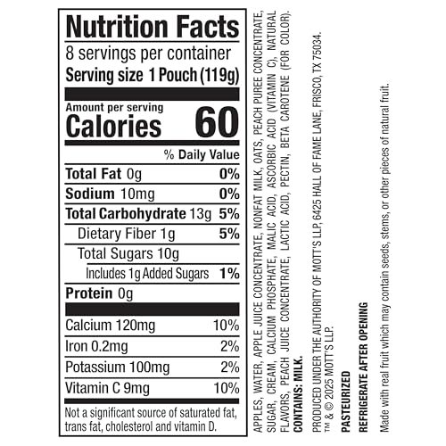 Motts Fruit Smoothies Vanilla Peach, 4.2 oz clear pouches, 8 Pack, Made With Milk, Made With Real Fruit, Good Source of Calcium,