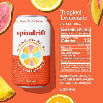 Spindrift Sparkling Water Tropical Lemonade Flavored Made with Real Squeezed Fruit 12 Fl OZ Cans Pack of 24 (Only 13 Calories per Can)