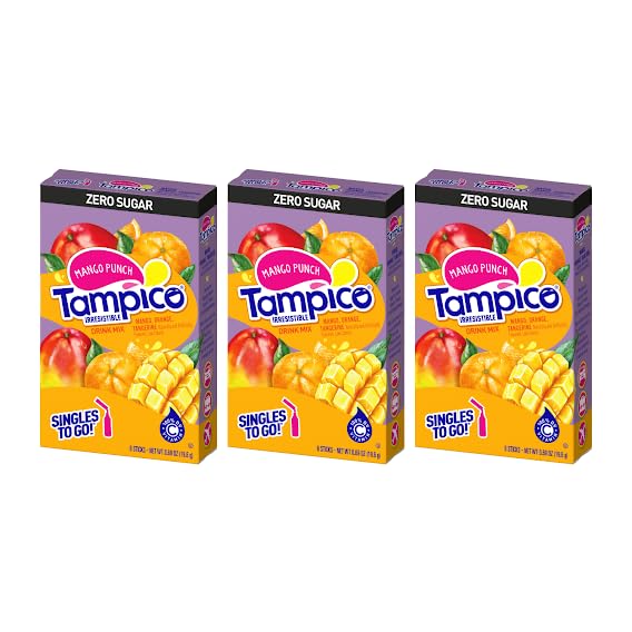 SINGLES TO GO! Drink Mix Packets, Mango Punch, Zero Sugar, Low Calorie, 6 Count (Pack of 3), 0.69 Ounce Each