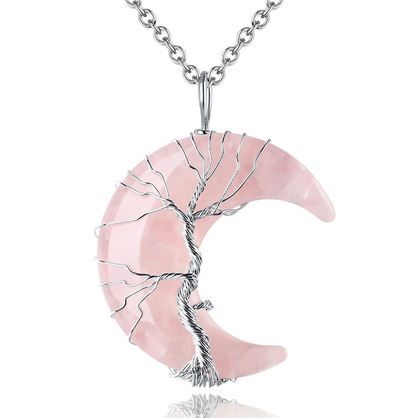 Maibaota Rose Quartz Necklace Healing Crystal Stones Tree Life Wire Wrapped Crescent Moon Phase Pendant Necklace Natural Resin R
