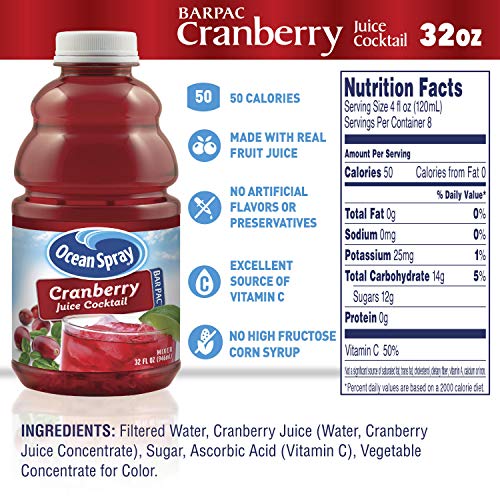 Ocean Spray BarPac Mixer Bottle, Cranberry Juice Cocktail, 32 Fl Oz, Pack of 12