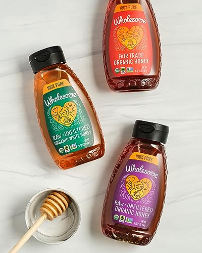 Wholesome Organic Raw Unfiltered White Honey, 100% Pure, Fair Trade Certified, Non-GMO, Gluten-Free, 16-Ounce Bottle, Natural