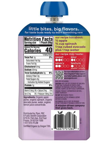 Plum Organics Stage 2 Organic Baby Food - Apple, Spinach, And Avocado - 3.5 Oz Pouch - Organic Fruit And Vegetable Baby Food Pou