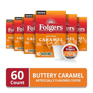 Folgers Buttery Caramel Artificially Flavored Coffee Keurig K-Cup Pods 10 Count Box (Pack of 6)