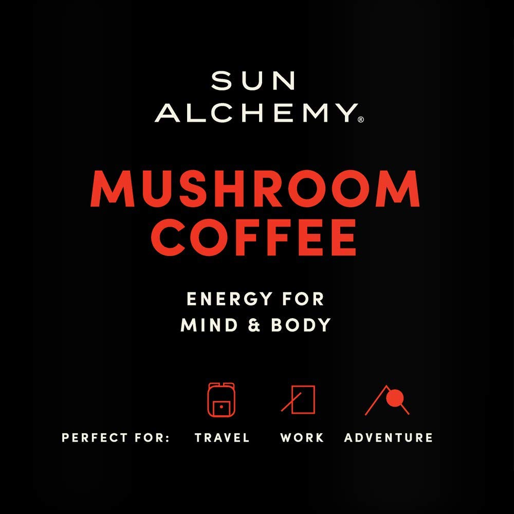 Sun Alchemy Mushroom Coffee, Energize with Organic Fair-Trade Coffee, Lions Mane, Reishi, Chaga & Cordyceps Mushrooms - 12 Sache