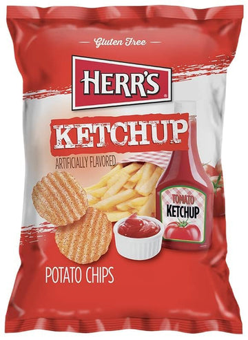 Herr'S Ketchup Ripple Potato Chips Sample Pack (Pack Of 12, 1 Ounce Bags) - Bold And Tangy Ketchup-Flavored Chips - Fun For Snac