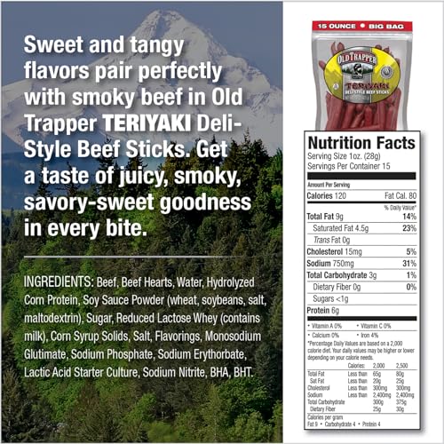 Old Trapper Deli-Style Beef Sticks, Teriyaki Flavor, 15-Ounce Package, Great For On-The-Go Snacking, Six Grams Of Protein And Le