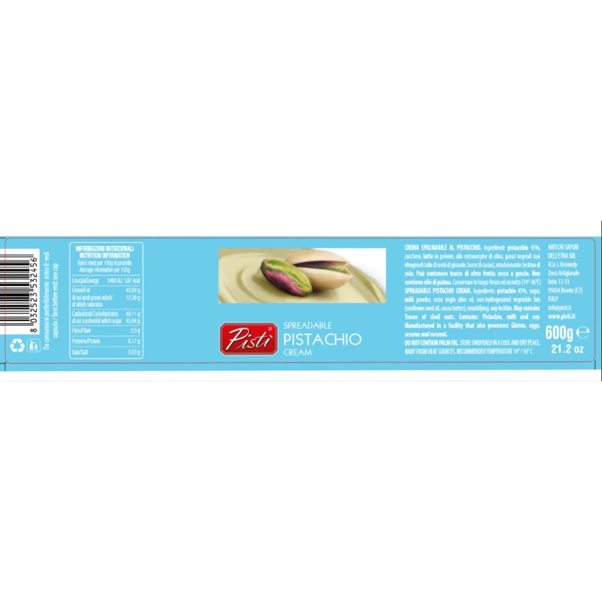 Pisti Cream of Pistachio from Sicily 21.2 Ounce (600g) | Artisanal Italian Nut Spread | Enjoy with Bread and Biscuits (Pack of 2