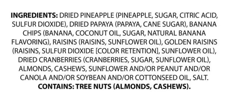 Tropical Southern Grove Trail Mix: Dried Pineapple, Papayas, Golden Raisins, Cranberries, Almonds, Cashew Nuts, Banana Chips, 26