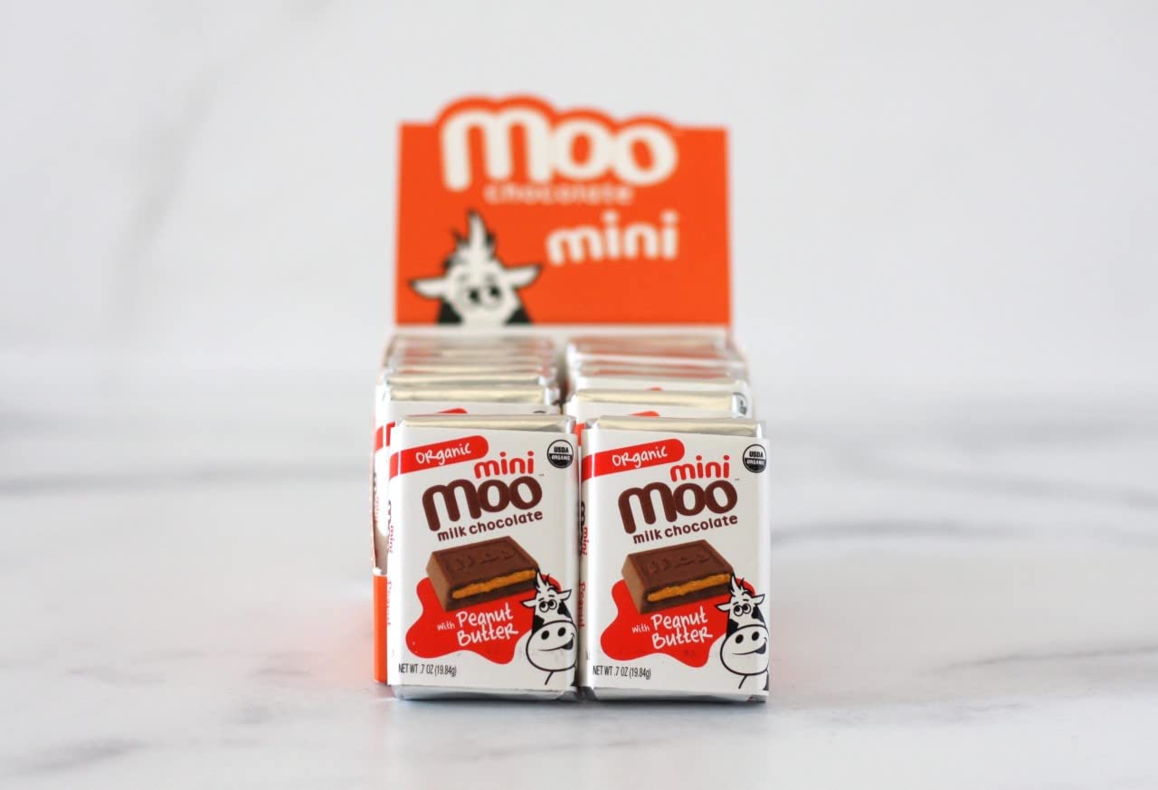 Moo Chocolates Organic Milk Chocolate Mini Bars With Peanut Butter 0.7Oz, 28 Ct (Pack Of 2) | Usda Organic, Non-Gmo | 110 Calori