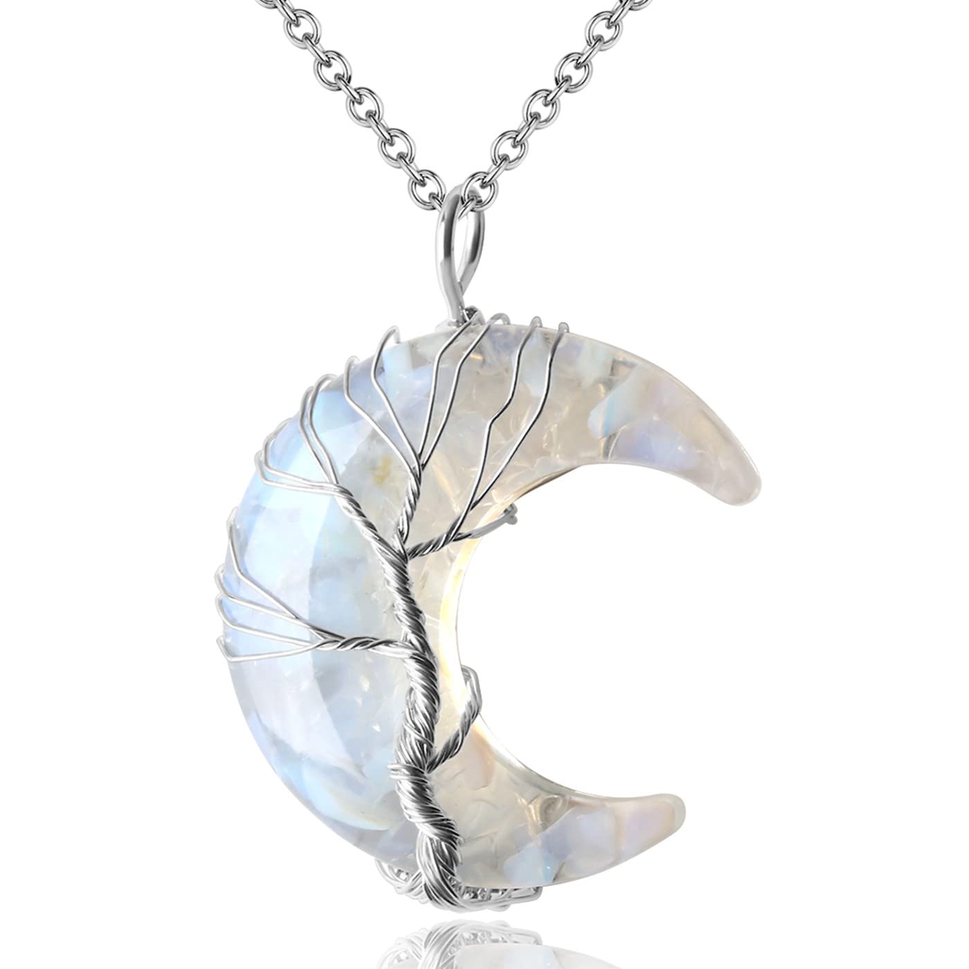Maibaota Opal Stone Necklace Healing Crystals Tree Life Wire Wrapped Crescent Moon Phase Pendant Necklace Natural Resin Reiki Sp