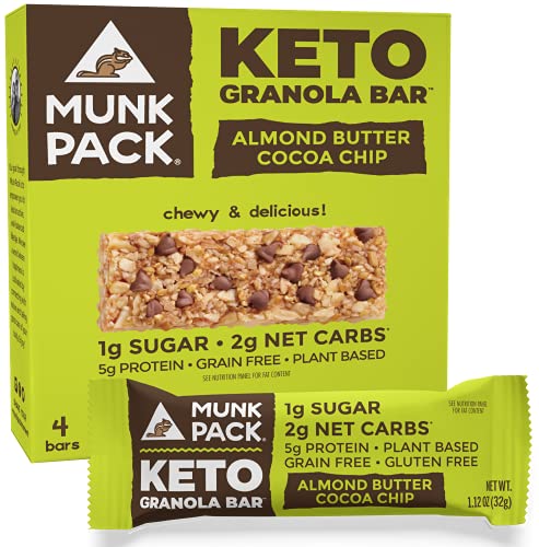 Munk Pack Keto Granola Bar Almond Butter Cocoa Chip 4 Bars Low Carb Keto Snack For Kids & Adults Chewy Bar, No Added Sugar T