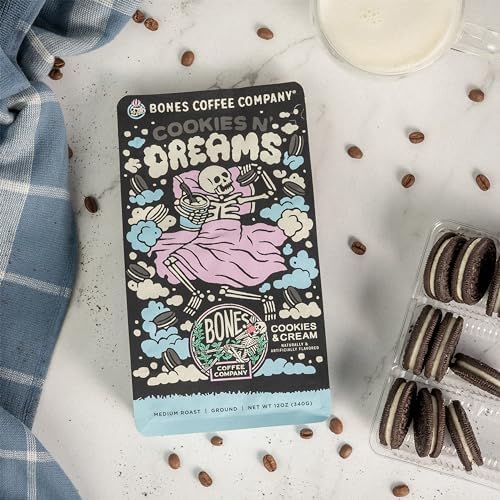 Bones Coffee Company Cookies 'N Dreams Flavored Whole Coffee Beans Cookie & Creams Flavor | 12 Oz Medium Roast Low Acid Coffee Arabica Beans | Coffee Gifts & Beverages (Whole Bean)
