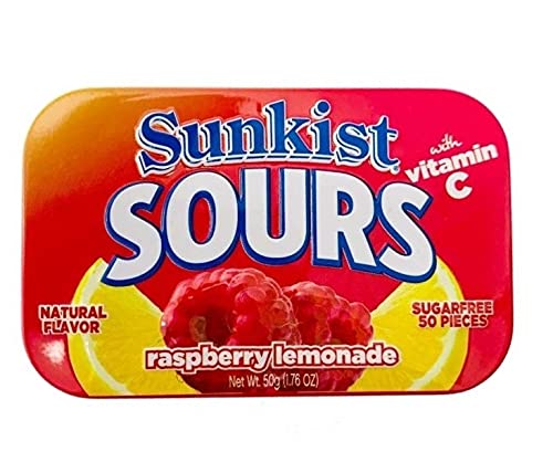 Sunkist Sours Raspberry Lemonade Vitamin C Sugar Free Sour Candy 1.76 Ounce Tin - 6 Count Tray