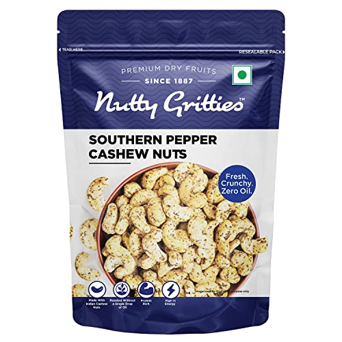 Nutty Gritties Top-Grade Jumbo Size Southern Pepper Cashew Nuts 200G Natural Flavoured Whole Cashew | W240 | Zero Breakage | Resealable Pouch