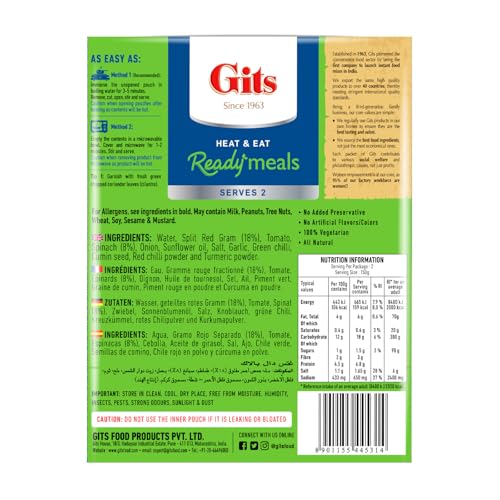 Gits Ready To Eat Dal Palak, Pure Veg Heat And Eat Indian Meal, Microwaveable, 300G