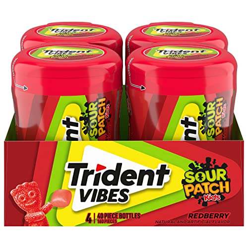 Trident Vibes Sour Patch Kids Redberry Sugar Free Gum, 4-40 Piece Bottles (160 Total Pieces)