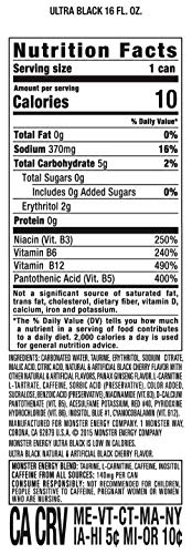 Monster Energy Ultra Black Sugar Free Energy Drink, 16 oz, 15 Pack, ZW364